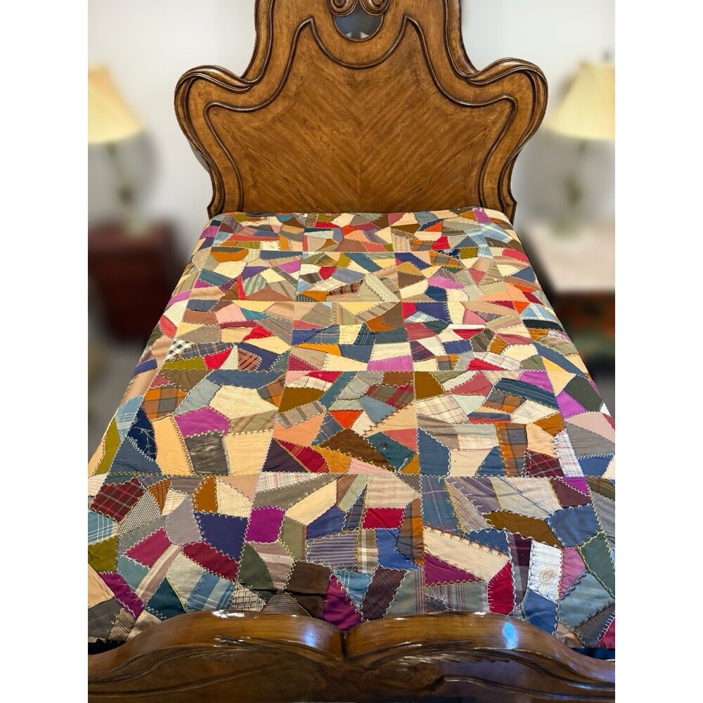 Antique Handmade Crazy Quilt Queen Size 80” X 84” Reversible Patchwork Floral